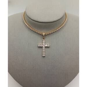 CZ Cross Pendant Gold Tennis Choker Necklace – 16"+3" Extender, 2-in-1 Look